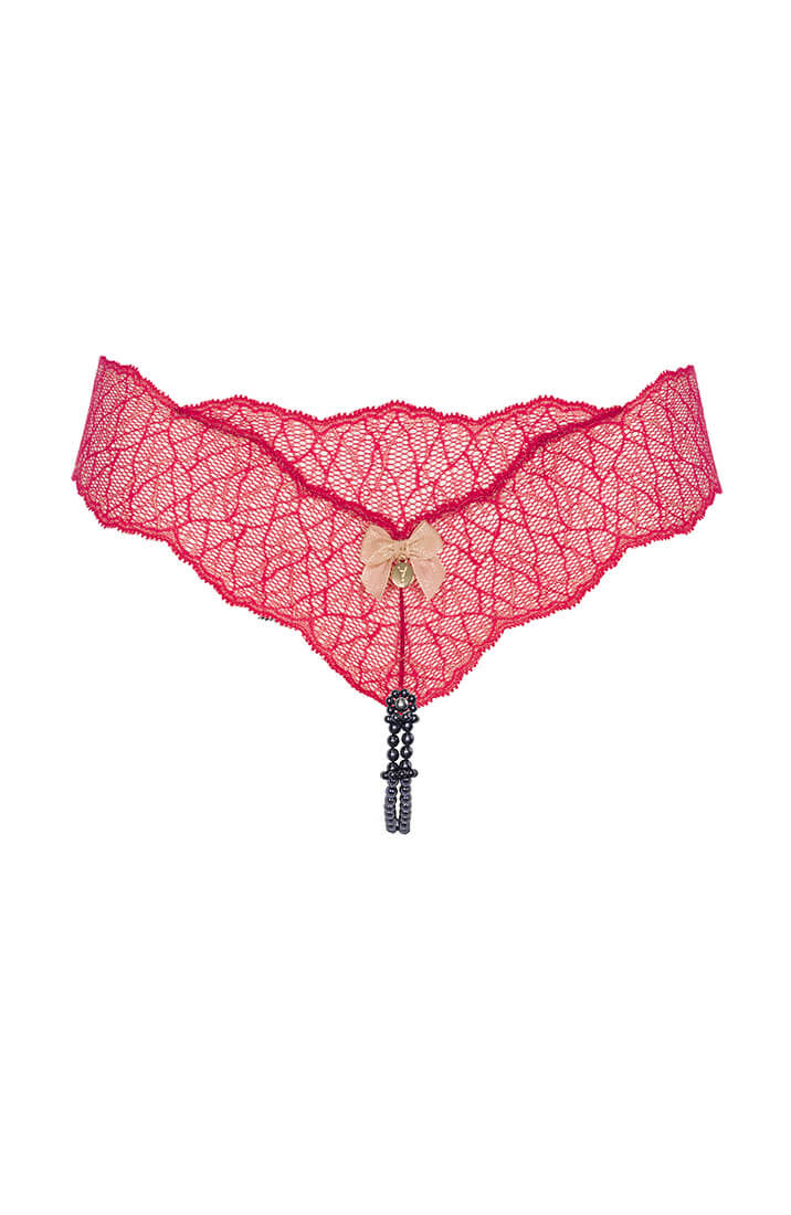 Red lace thong with black double pearl string by COAX Copenhagen