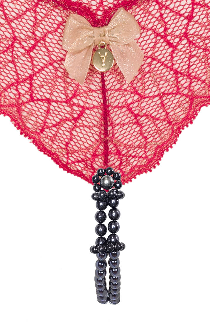 Luxury lingerie red lace thong with black Manacor double pearls