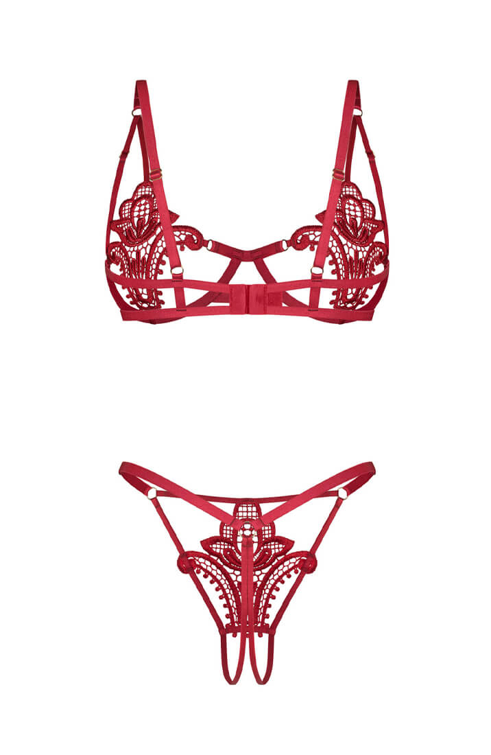 COAX Copenhagen red lace lingerie set with strappy bra and matching crotchless thong