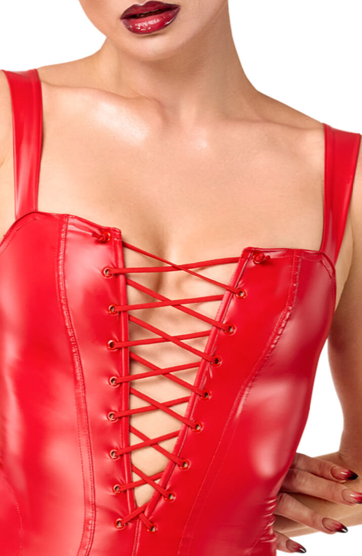 Close-up of lace-up neckline on COAX Fetish red wet look dress