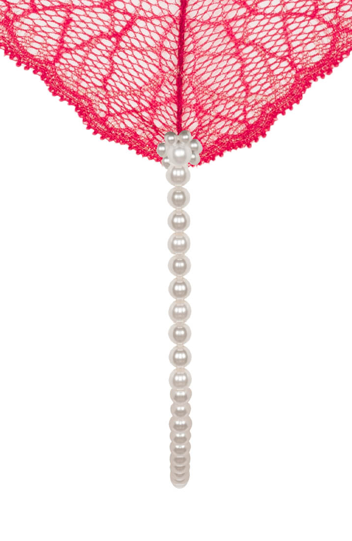 Red Lace Thong With Single Manacor Pearl String - Exclusive Lingerie