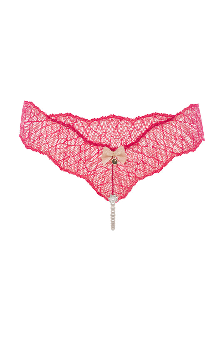 Red Lace Thong With Single Pearl String - Luxury Lingerie COAX Copenhagen
