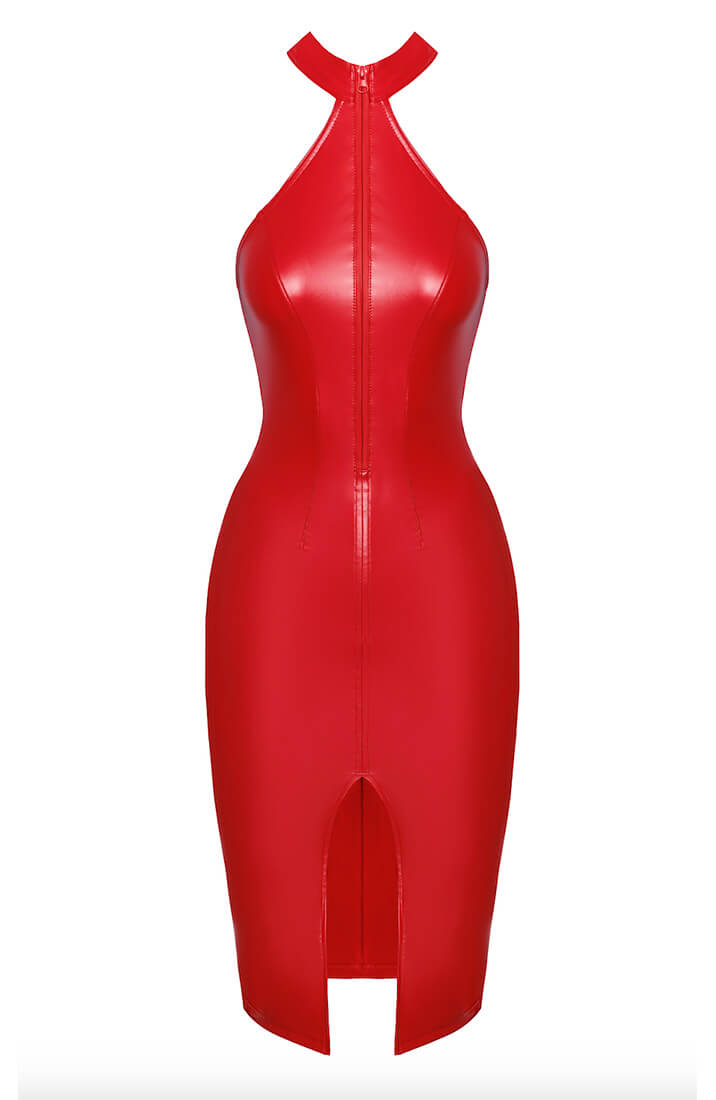 Red wet look bodycon halter dress