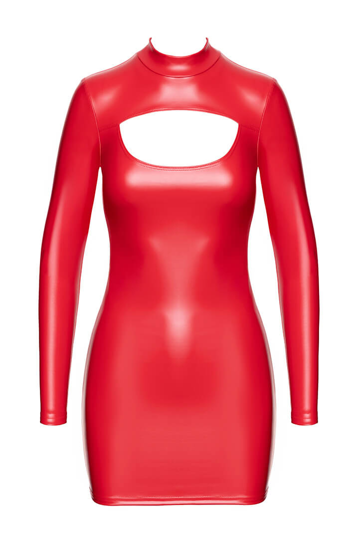 Red wet look mini dress with disciplined lines and confident presence