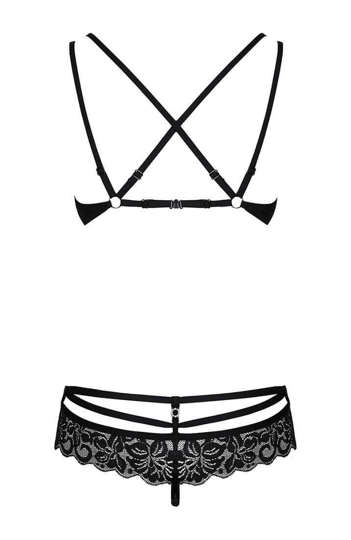 Sexy black cage-strap lace bra & panty set