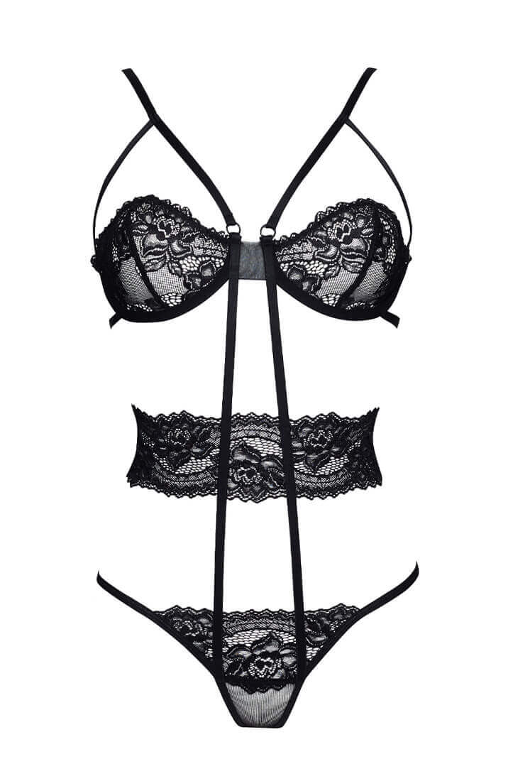 Sexy black cage-strap X lace teddy