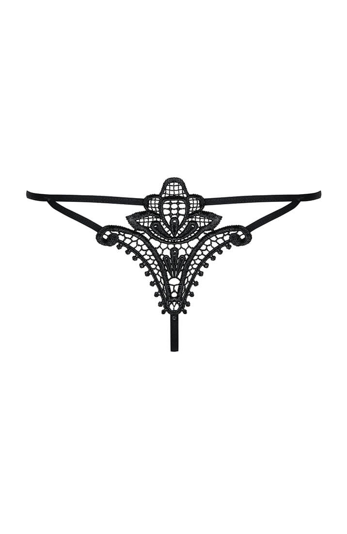 Sexy black crotchless embroidery thong