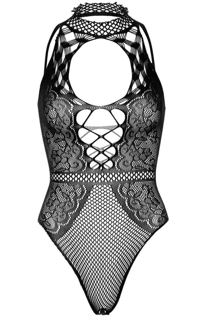 Sexy black lingerie bodysuit with floral lace and playful crotchless design - COAX Copenhagen