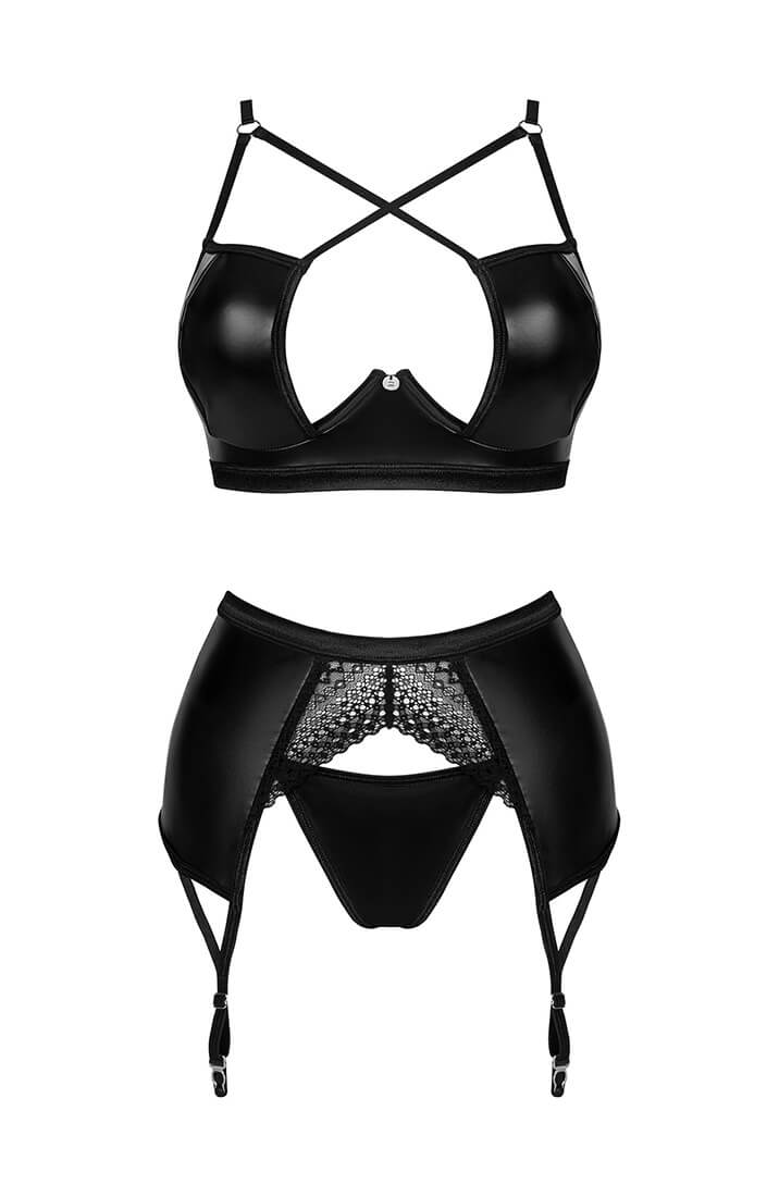 Bold three-piece black lingerie set with underwire bra and cheeky thong