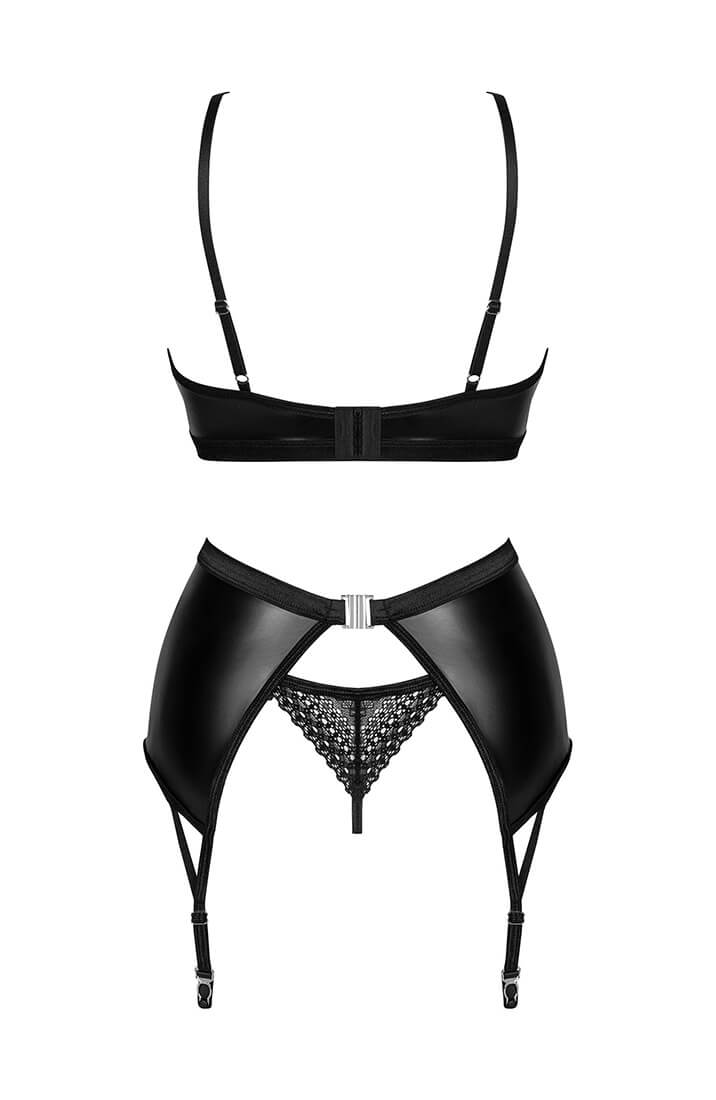 Wet look and lace lingerie set with suspender belt for a complete look