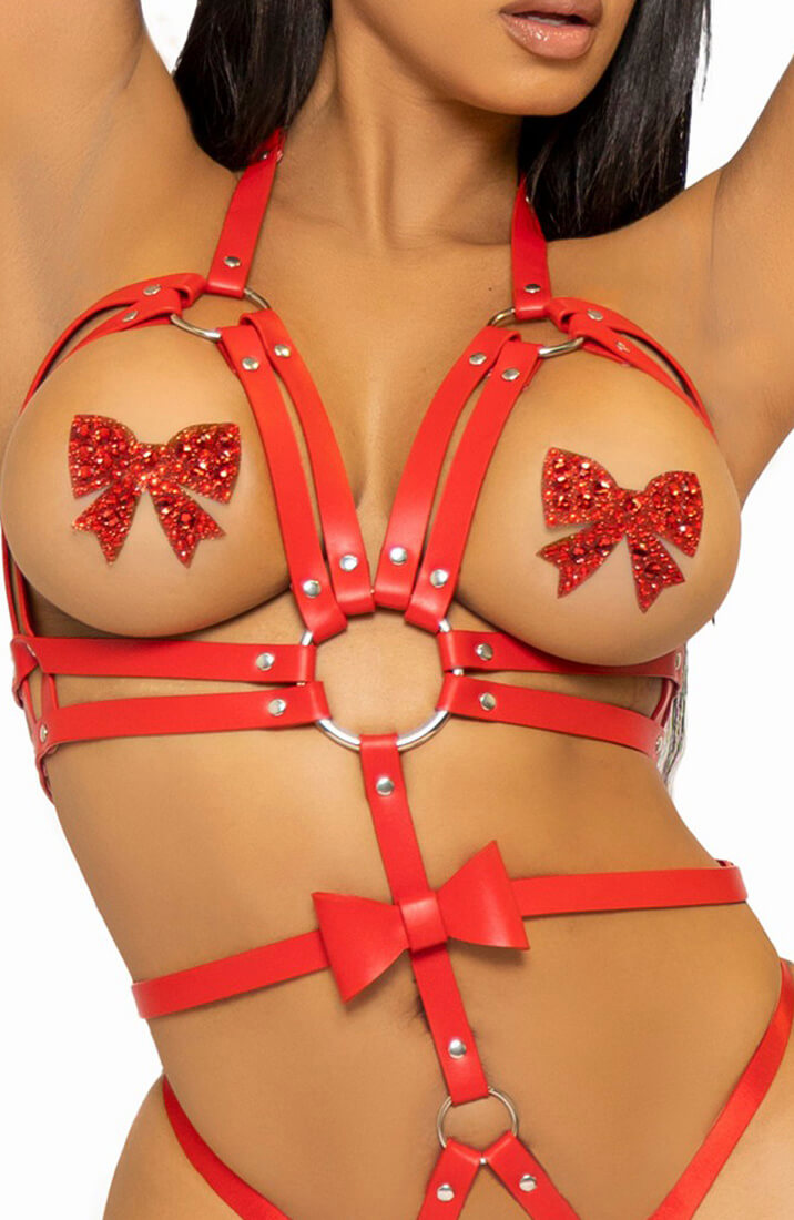 Sexy red faux leather body harness lingerie
