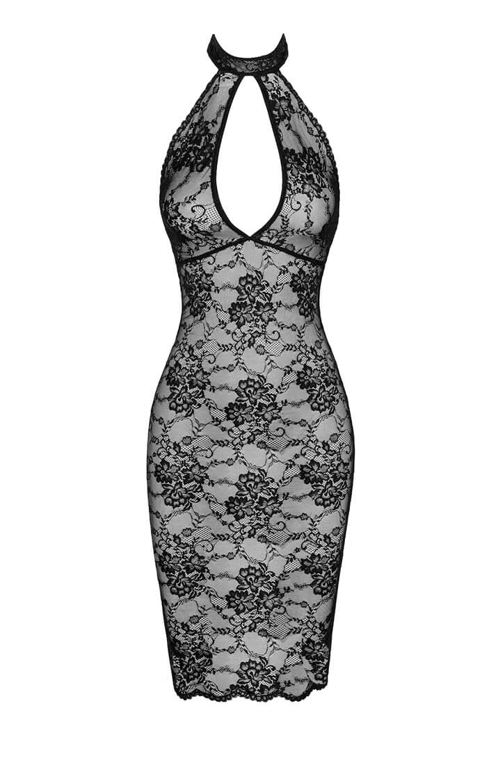 Sheer black lace bodycon halter dress
