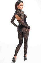 Load image into Gallery viewer, Sheer black lace catsuit with wet look bodice