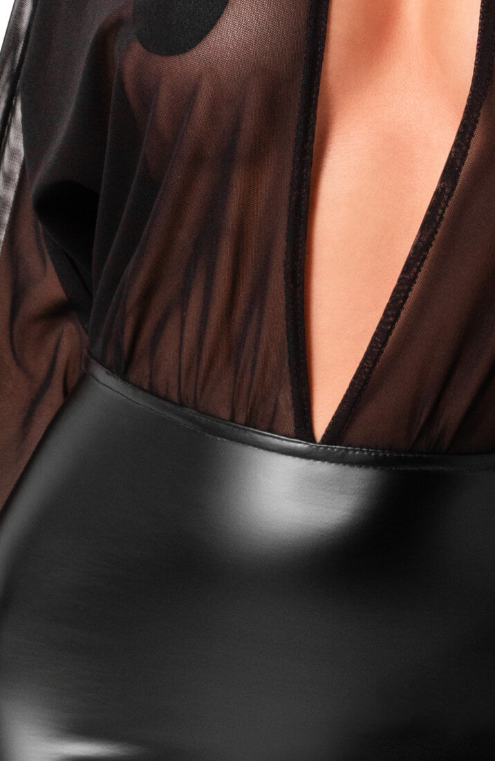 Sheer black mesh X wet look dress