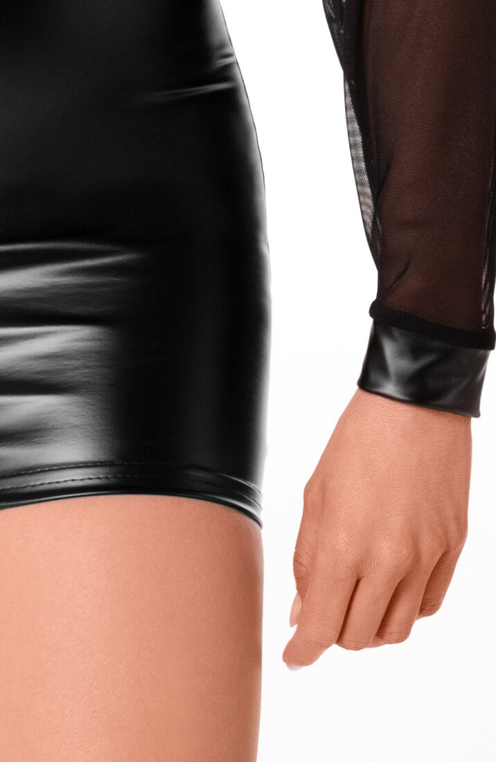Sheer black mesh X wet look dress