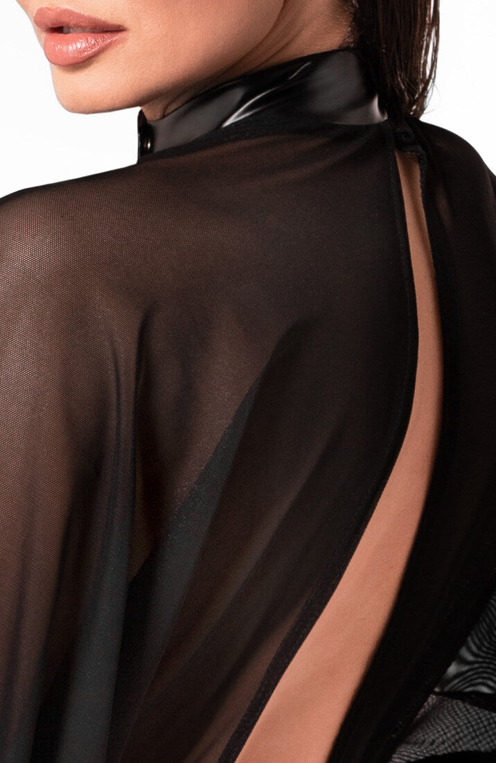 Sheer black mesh X wet look dress