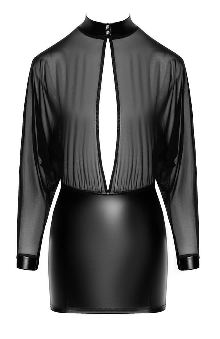 Sheer black mesh X wet look dress