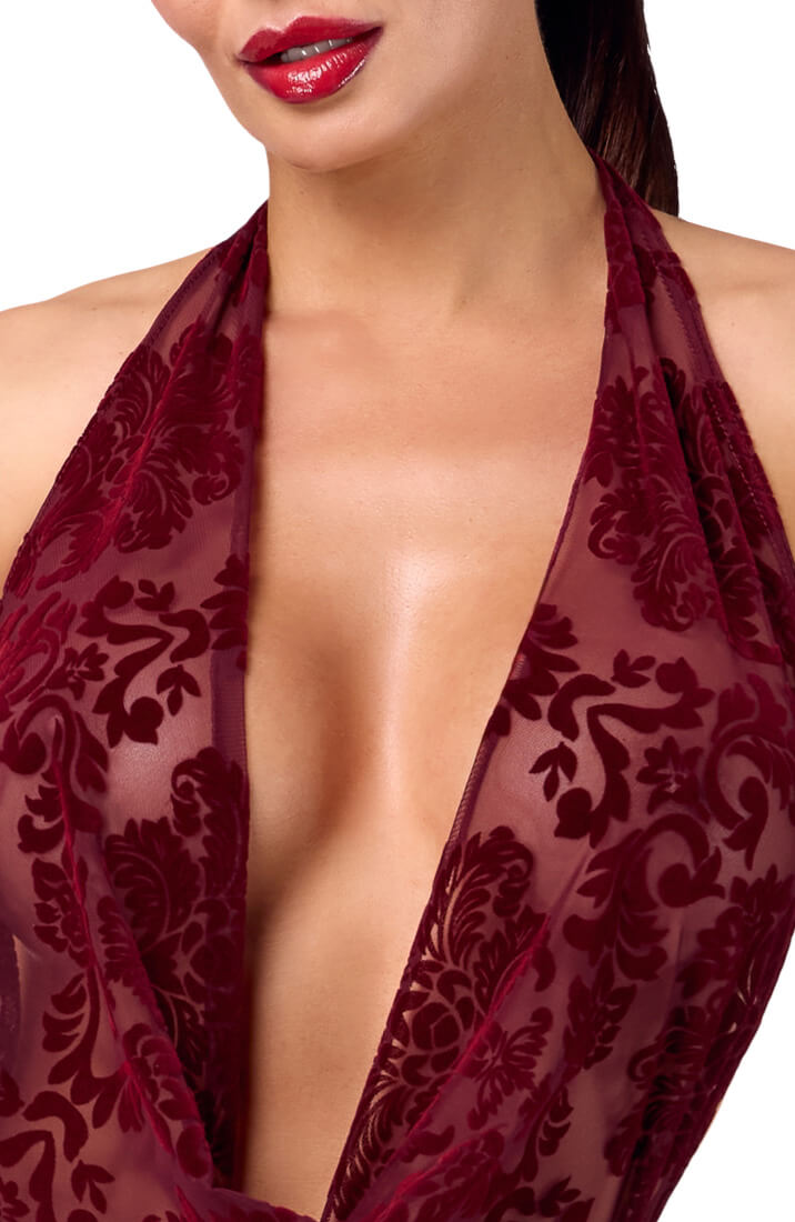 COAX Copenhagen sheer burgundy body with flock embroidery and sensual thong cut