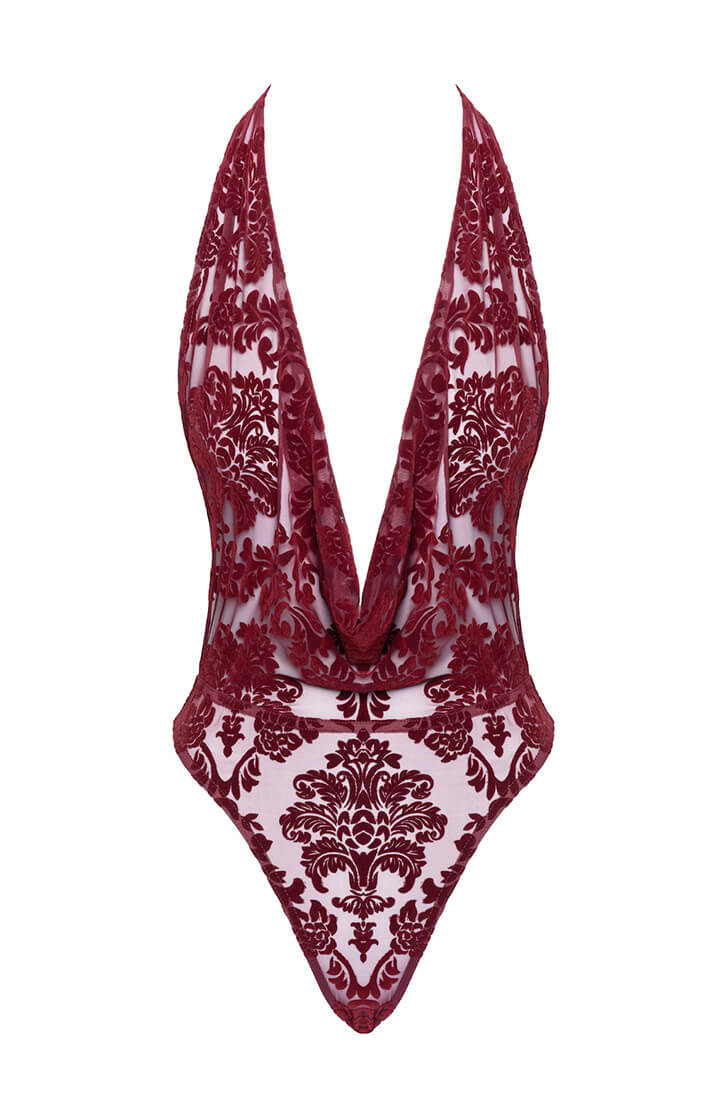 The COAX Fetish sheer burgundy body with elegant draped neckline and thong design