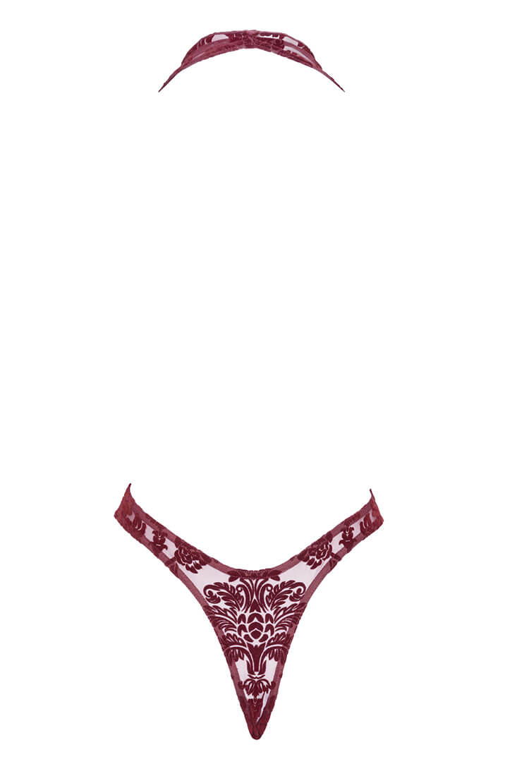 COAX Copenhagen burgundy flocked bodysuit with soft velvet texture and sensual fit