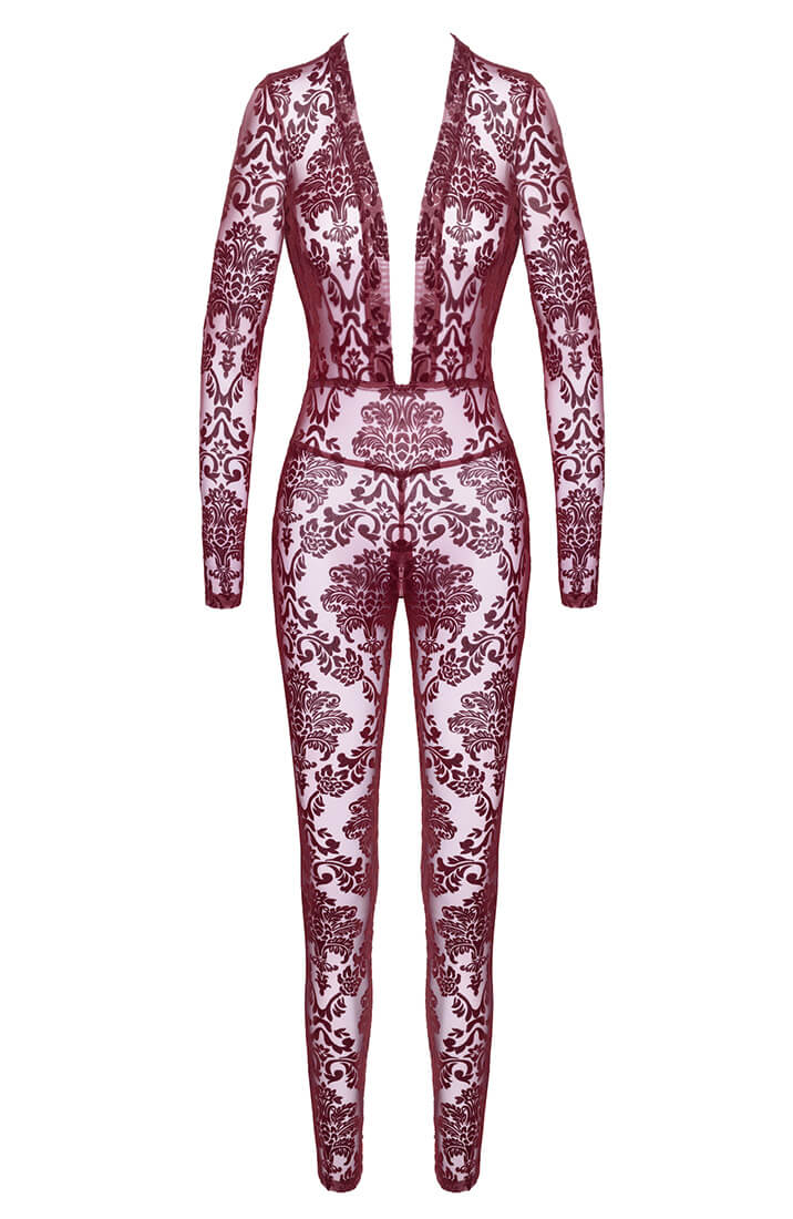 The COAX Fetish burgundy catsuit in transparent flocked fabric designed for seduction