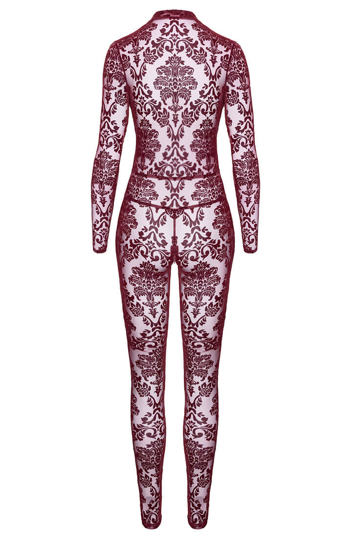 Sheer burgundy catsuit with plunging neckline and flock details from COAX Copenhagen