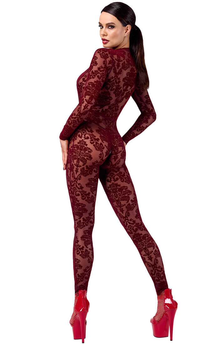 COAX Copenhagen sheer burgundy catsuit with deep neckline and body-hugging fit