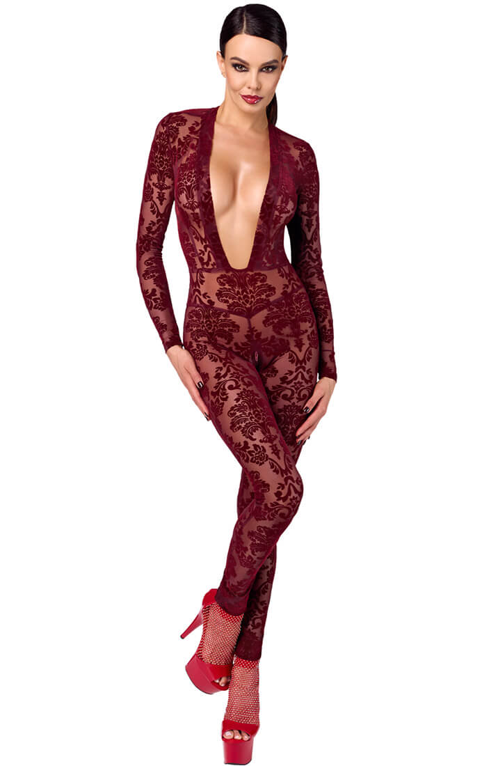 Burgundy sheer catsuit with flock embroidery and seductive silhouette by COAX Copenhagen