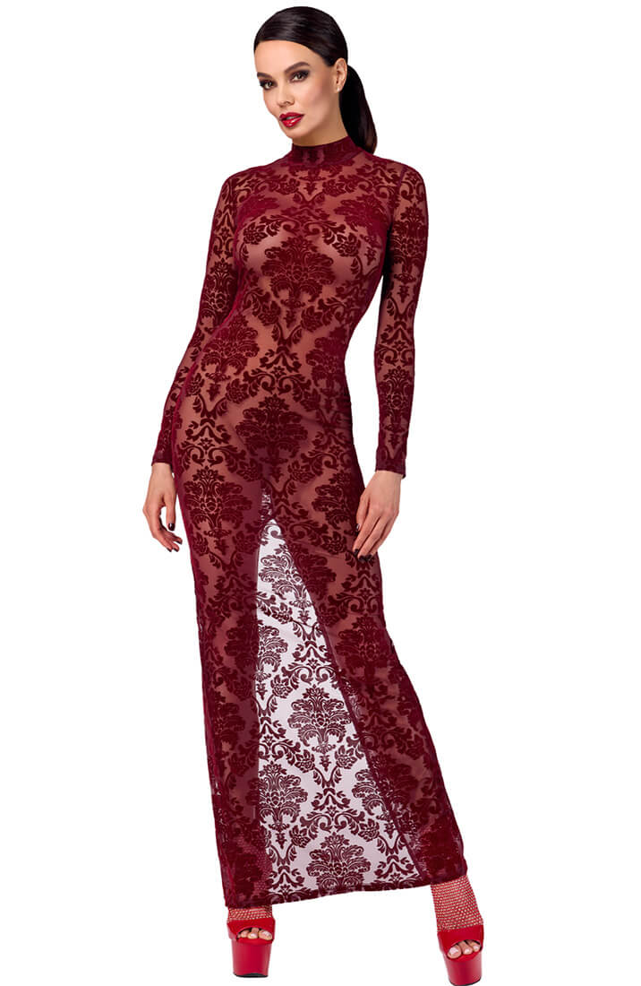 COAX Copenhagen burgundy flocked gown with long sleeves and sensual back slit