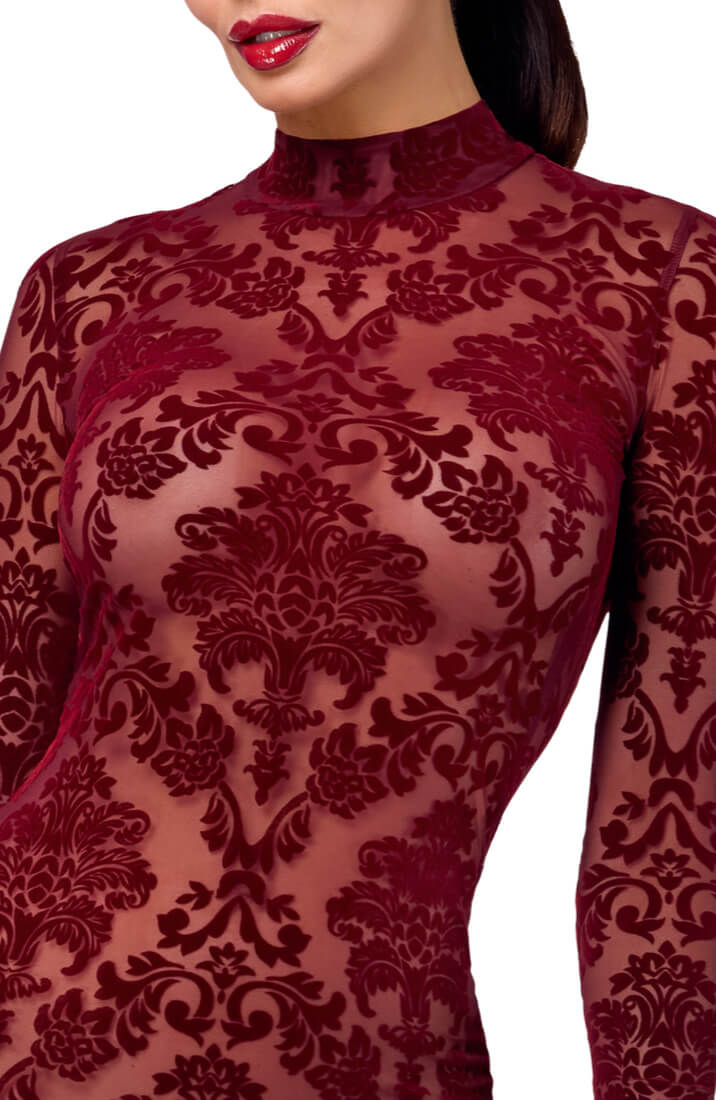 The COAX Fetish burgundy sheer gown with luxurious flock embroidery and flowing skirt