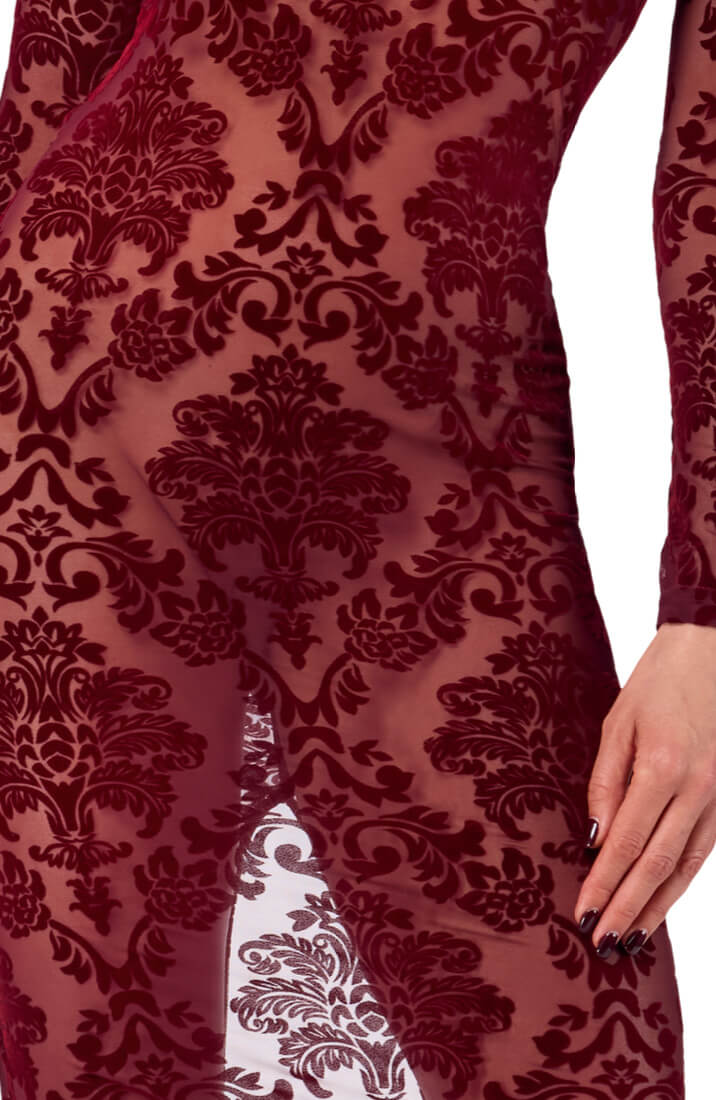 The COAX Fetish sheer bordeaux gown with long sleeves and seductive silhouette