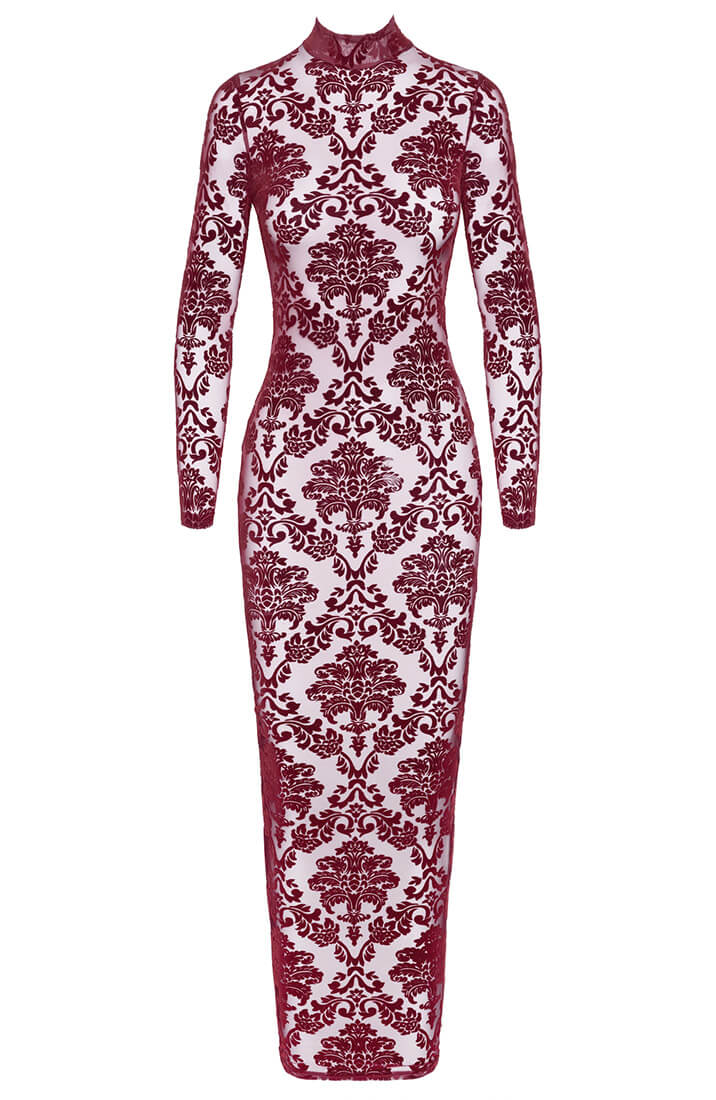 The COAX Fetish burgundy flocked gown with refined hook-and-eye collar detail