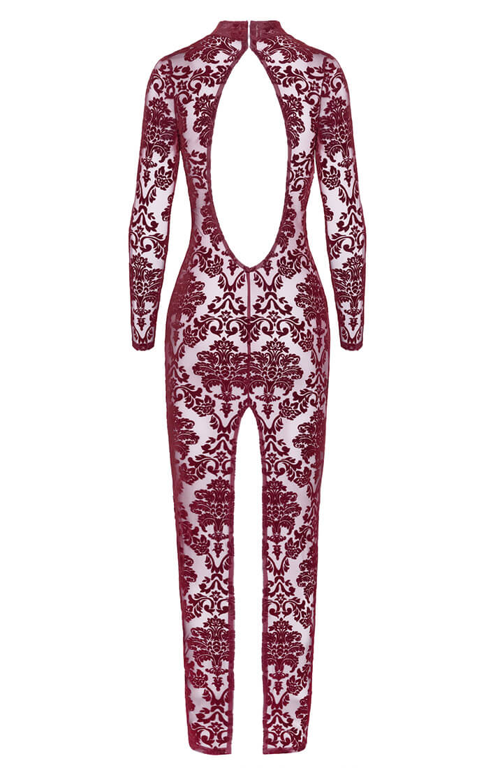 Sheer burgundy long gown in luxurious flocked nylon with open back - COAX Copenhagen