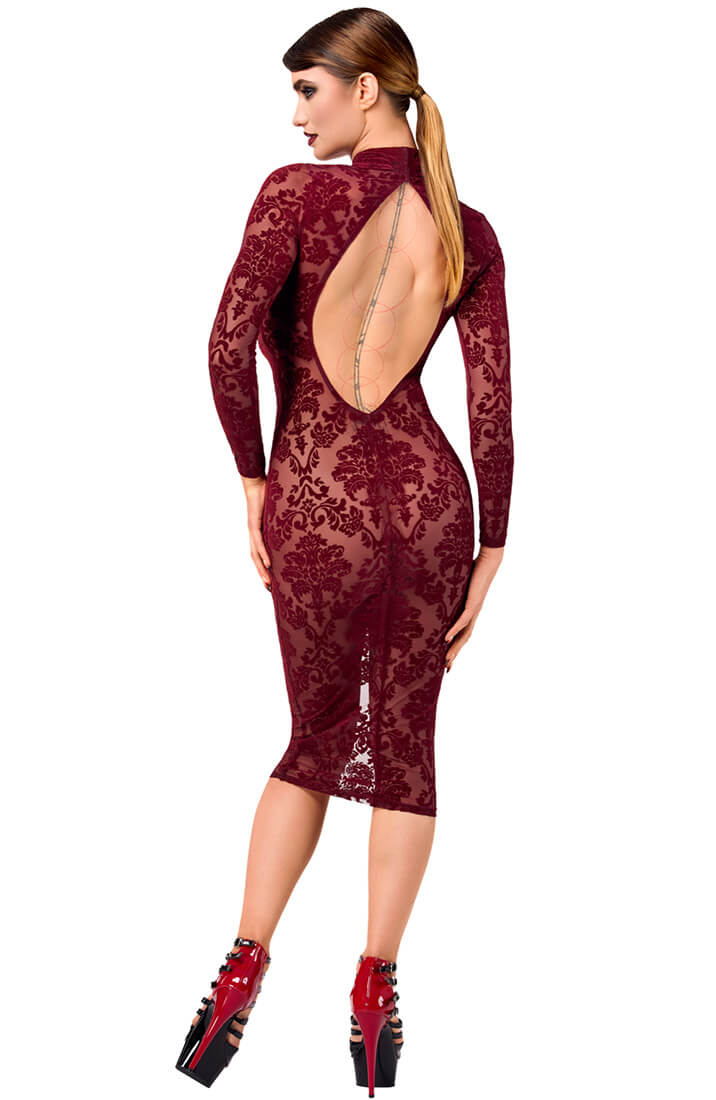 COAX Copenhagen burgundy flocked midi dress with high collar and sensual design