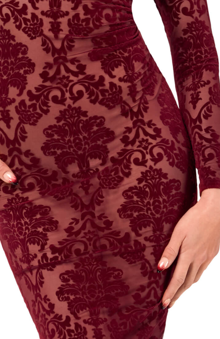 Sheer burgundy flocked midi dress with long sleeves and refined detail - COAX Copenhagen