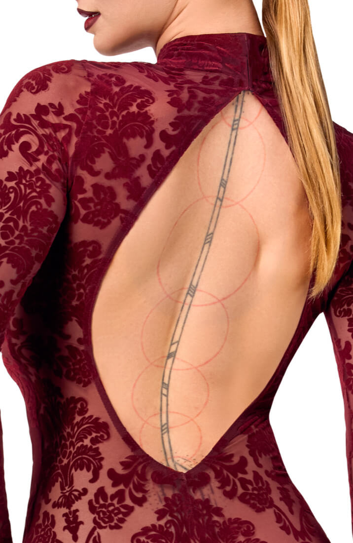 The COAX Fetish burgundy sheer midi dress with stand-up collar and velvet finish