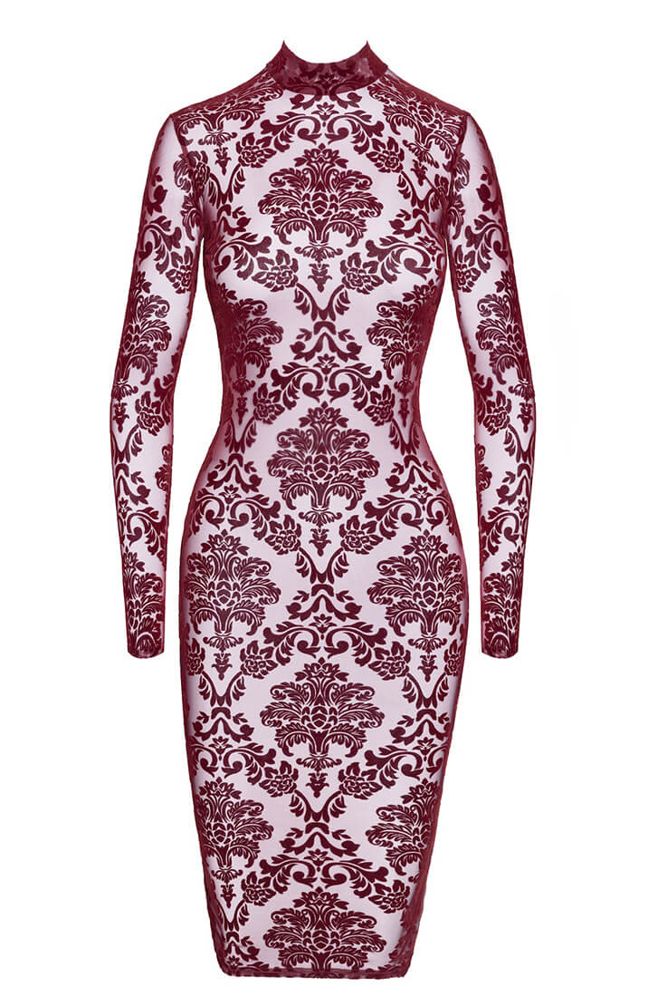 The COAX Fetish burgundy flocked midi dress designed for seductive sophistication