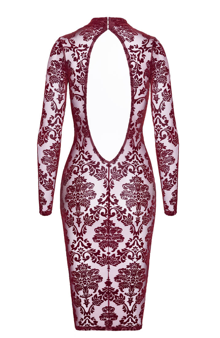 Sheer burgundy midi dress in flocked nylon with elegant, curve-hugging fit - COAX Copenhagen