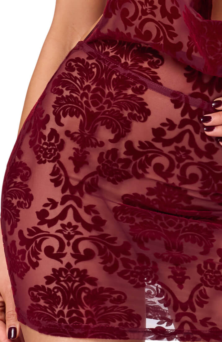 The COAX Fetish burgundy sheer mini dress with soft velvet finish and daring design