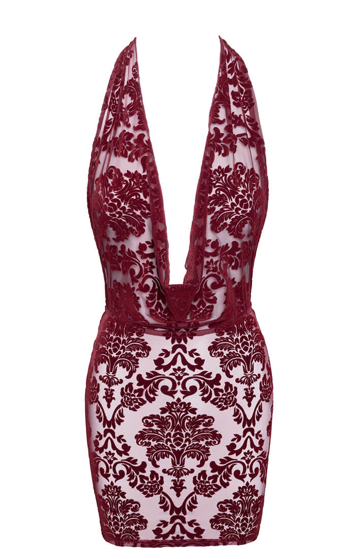 COAX Copenhagen sheer burgundy dress with flock embroidery and open back cut