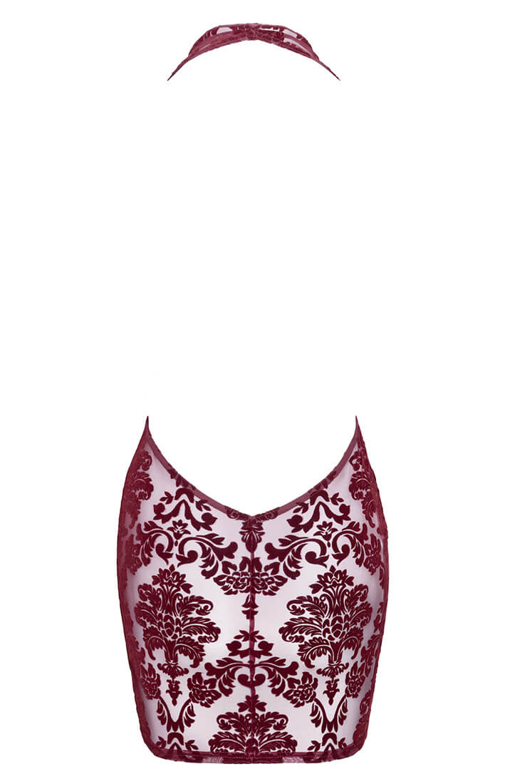 The COAX Fetish short burgundy dress in flocked nylon designed for seductive sophistication