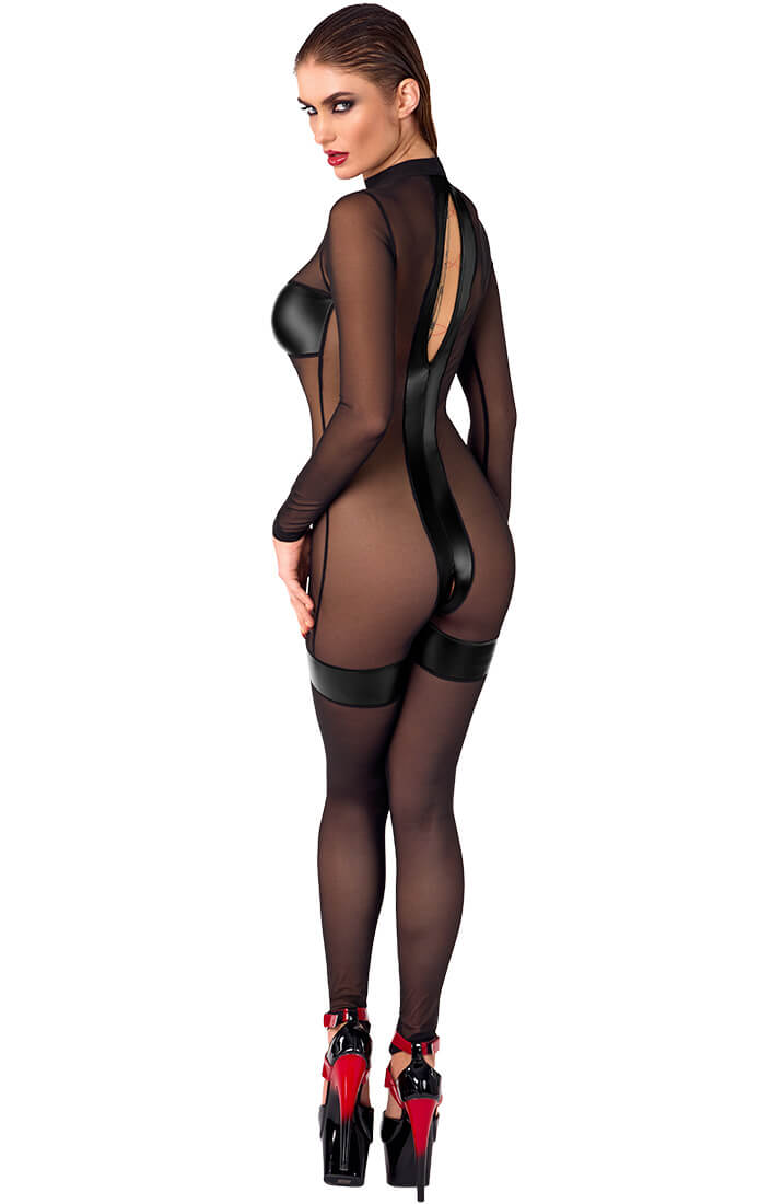 Black fetish lingerie catsuit with garter-look and back button closure from COAX Fetish