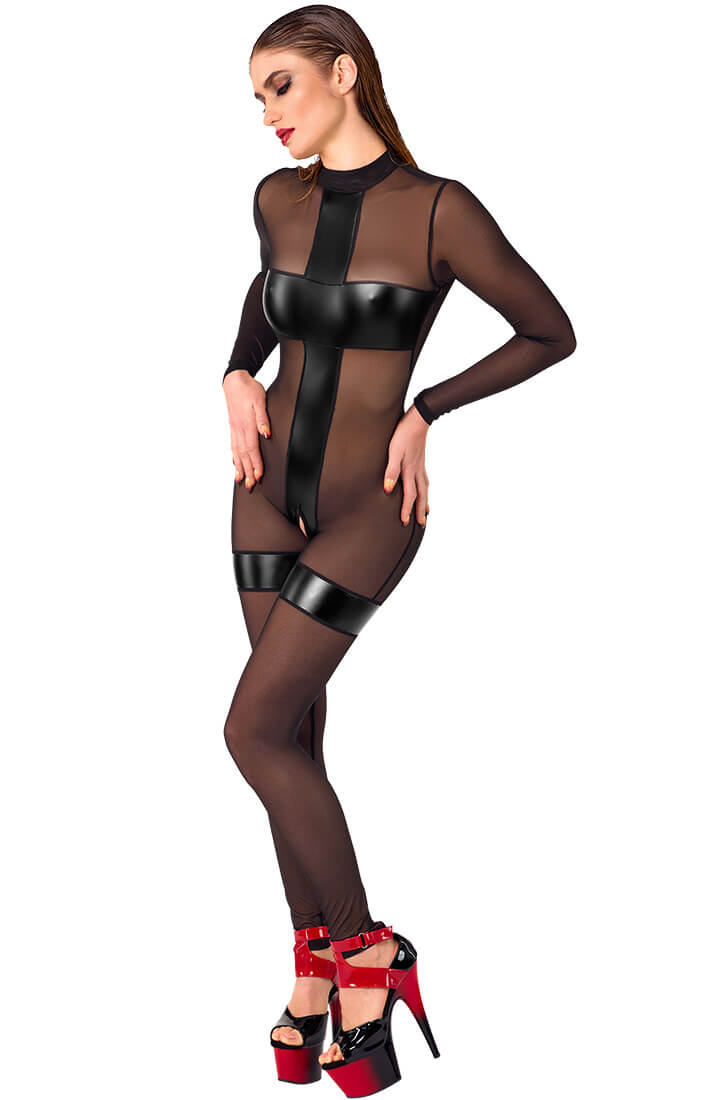 Full-length mesh and wet look catsuit with high neck and open crotch - COAX Fetish style