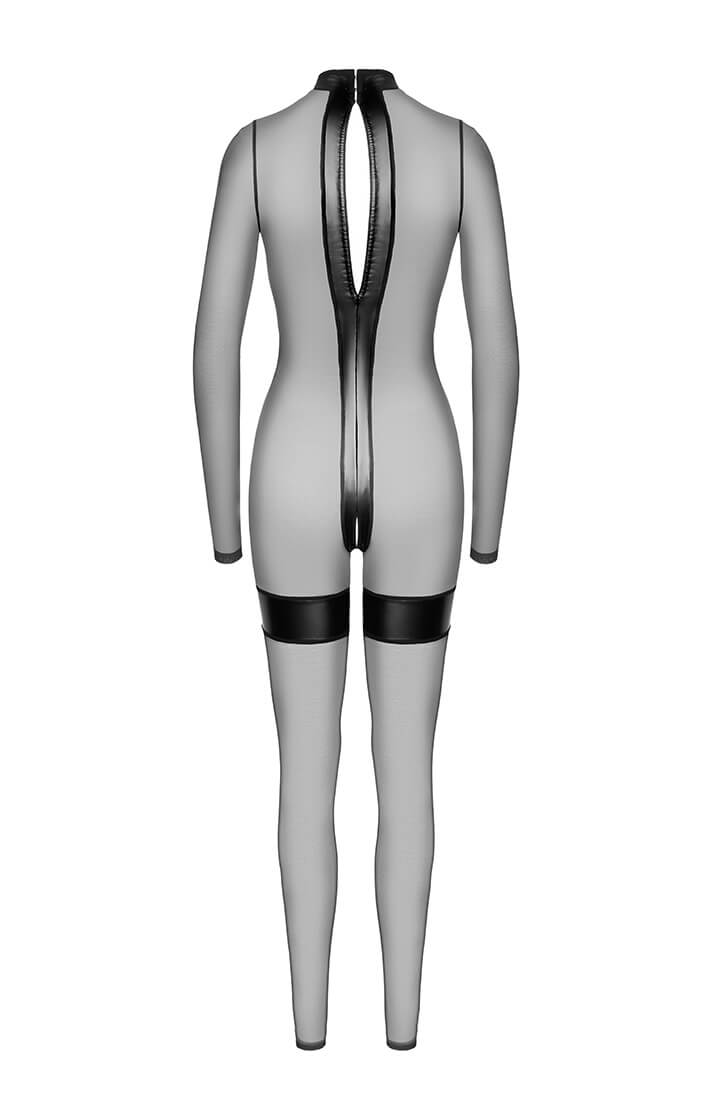 Seductive crotchless catsuit with sheer mesh and wet look panels