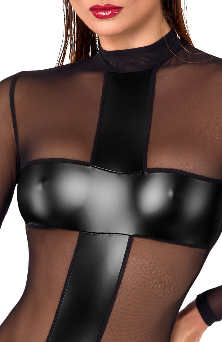 Transparent mesh catsuit with fetish-inspired wet look detailing from COAX Copenhagen