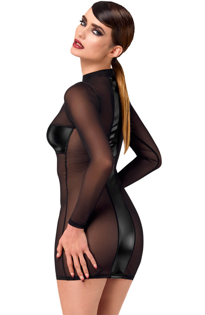 Black sheer mesh fetish dress with matte wet look panels