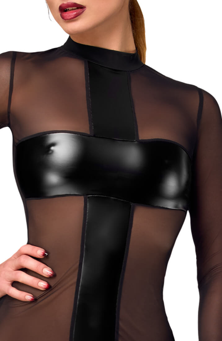 Sheer mesh mini dress with vertical wet look panel and long sleeves