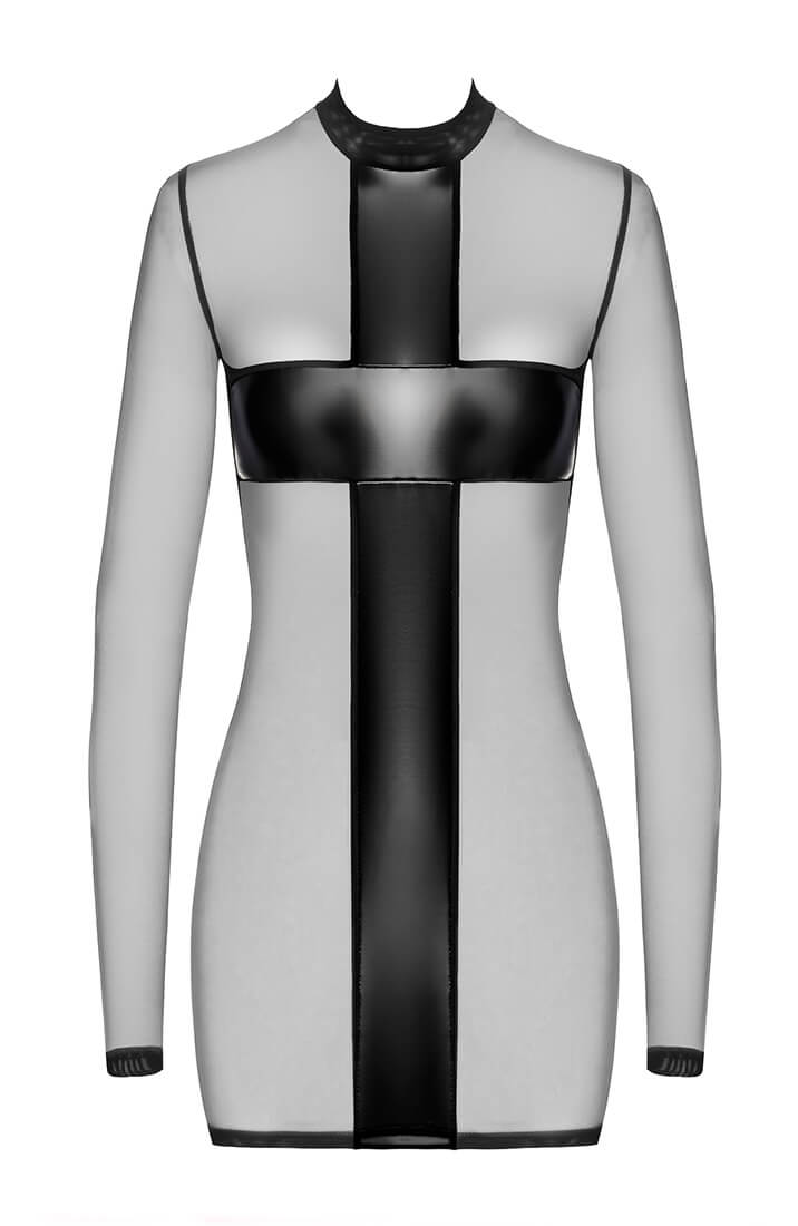 Matte wet look panel dress combined with transparent mesh