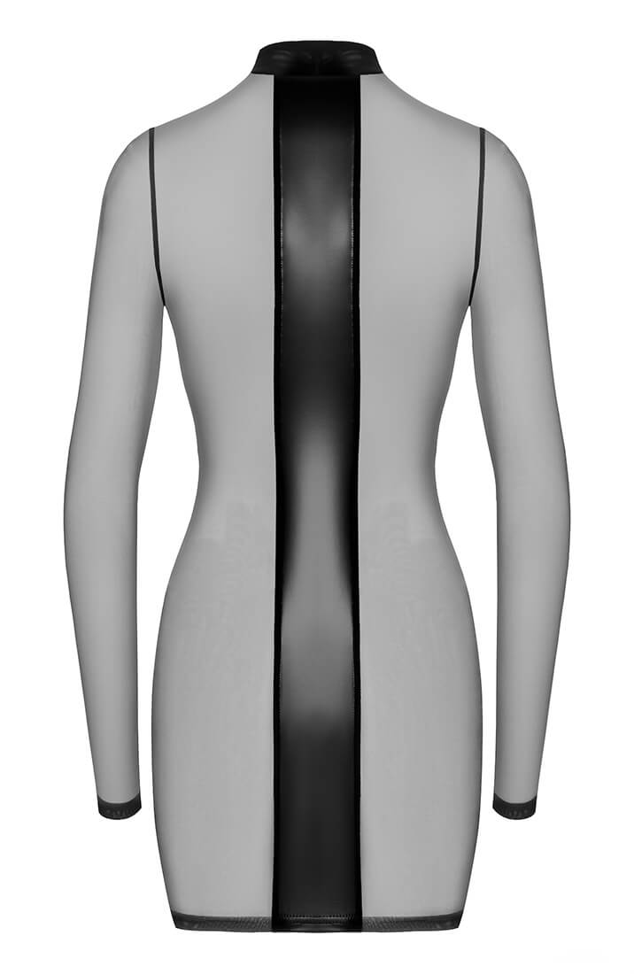Sheer mesh mini dress with disciplined lines and modern fetish aesthetic
