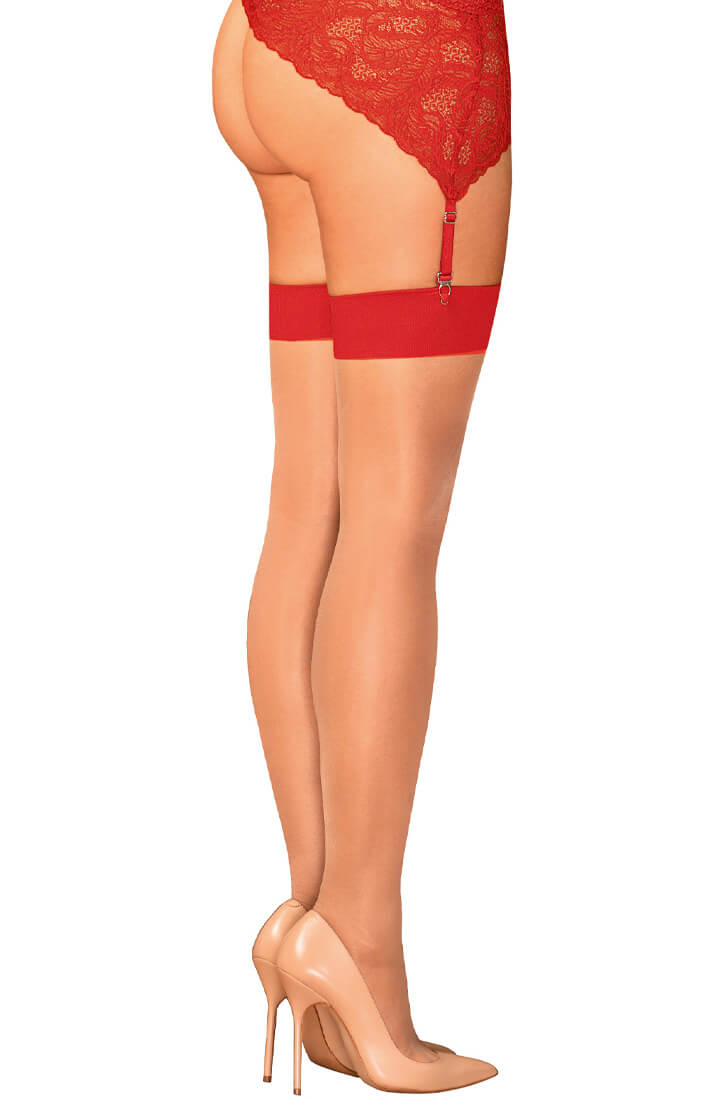 Sheer nude thigh highs with red top band